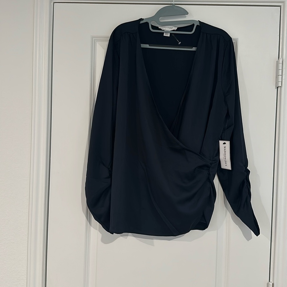 Dark Navy Blue,  wrap V neck long sleeves blouse